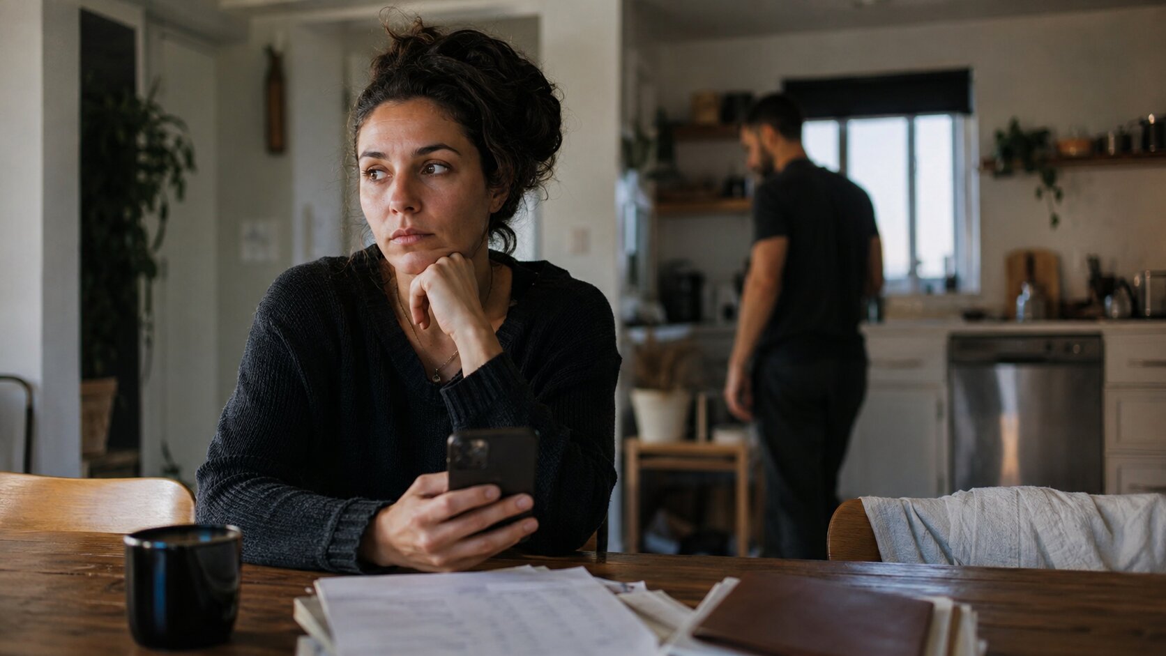 Gondterhelt nő ül a konyhaasztalnál telefonnal a kezében, miközben a háttérben a párja látható, az érzelmi eltávolodás hangulatával.
