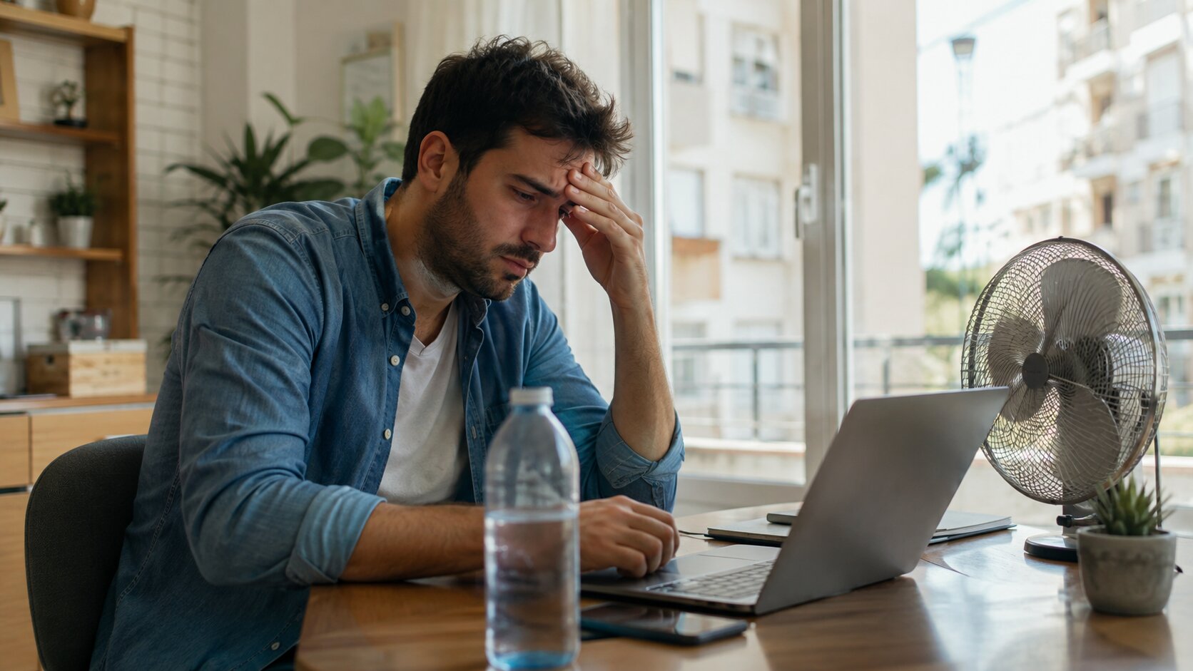 Fáradt férfi dolgozik laptopnál egy meleg szobában, mellette ventilátor és víz, a kánikula okozta kimerültséget ábrázolva.
