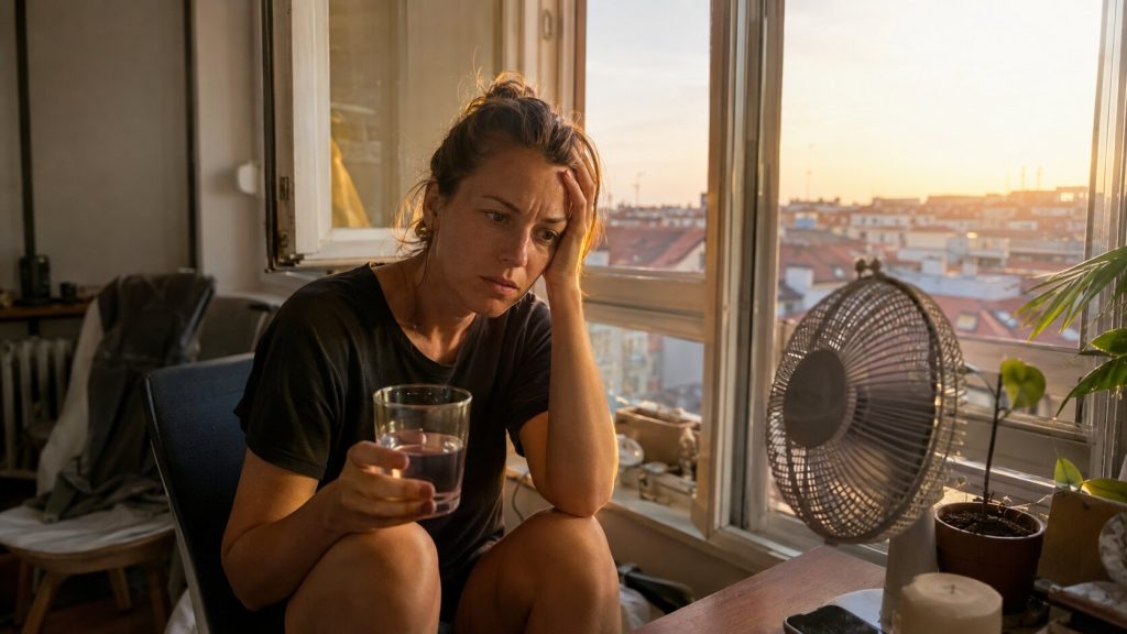 Nő ül egy meleg lakásban az ablak mellett, kezében vízzel, mellette ventilátor, a kánikula pszichés hatásait szemléltetve.