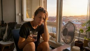 Nő ül egy meleg lakásban az ablak mellett, kezében vízzel, mellette ventilátor, a kánikula pszichés hatásait szemléltetve.